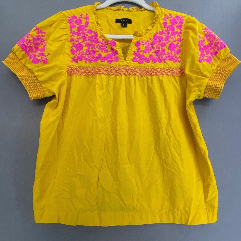 J.Crew Womens MED Yellow Pink Floral Embroidered Ruffle V-Neck Peasant Top